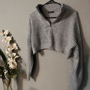 Grey Cropped Knot Sweater